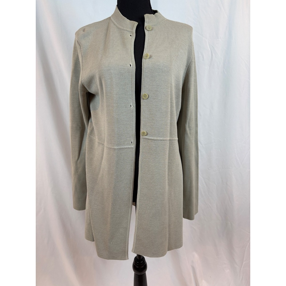 Eileen Fisher Petite PS Taupe Beige Ribbed Knit Button Front Longline Cardigan